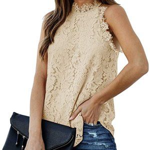 Beige Lace Crochet Lace Tank Top-Large